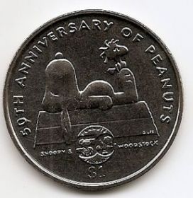50 лет  американского комикса Peanuts. Snoopy и Woodstock.  1 доллар Ниуэ 2000