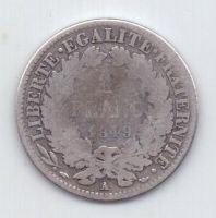 1 франк 1849 г. редкий год. Франция