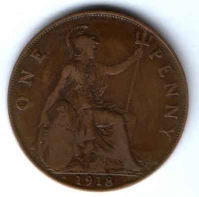 1 пенни 1918 г. Н Великобритания