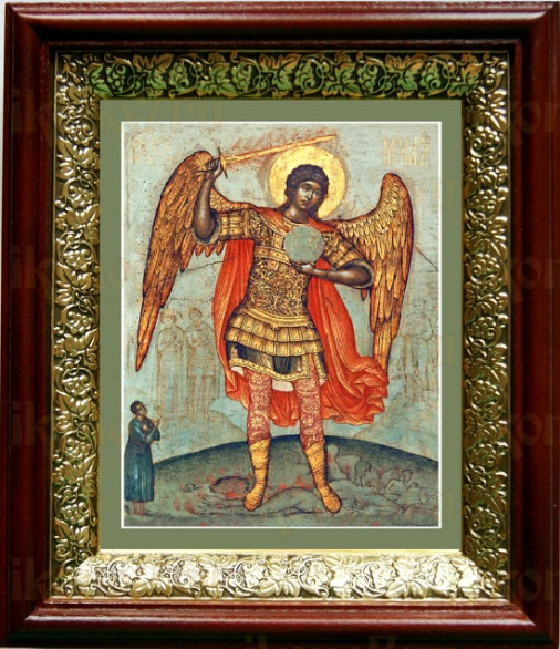 Михаил архангел, попирающий дьявола (19х22), темный киот