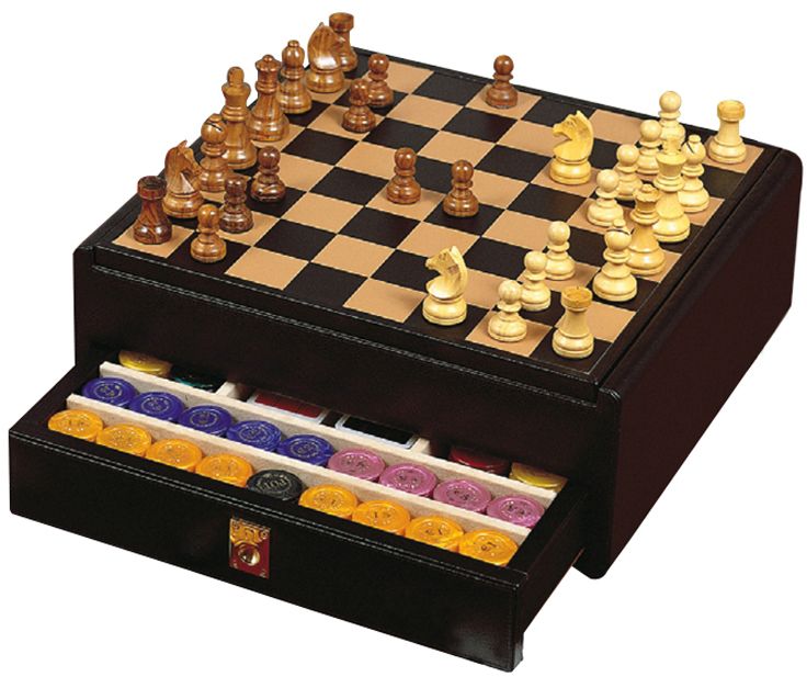 Шахматы в черном боксе, доска - дерево+кожа, фигуры - дерево, 430 х 410 х 165 мм