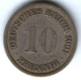 10 пфеннигов 1901 г. F Германия