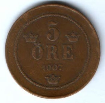 5 эре 1907 г. Швеция
