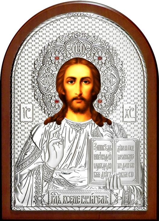 Инкрустированная гранатами серебряная икона Иисуса Христа Спасителя (25*34 см, Россия) в подарочной коробке
