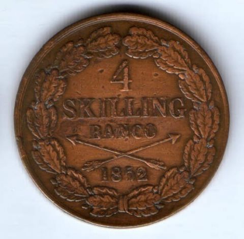 4 скиллинга 1852 г. редкий год Швеция