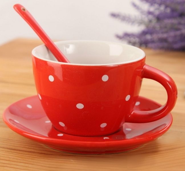 Чашка с блюдцем и ложкой «Ribbon Dots» - Red