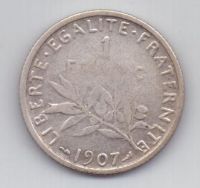 1 франк 1907 г. редкий год. Франция