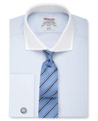Мужская рубашка под запонки синяя с белым воротником T.M.Lewin приталенная Slim Fit (54432)