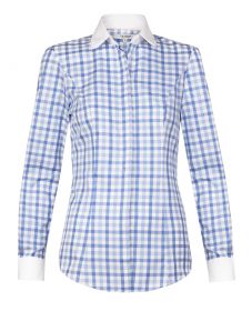 Женская рубашка в синюю клетку с белым воротником и манжетами хлопок T.M.Lewin приталенная Fitted (52457)