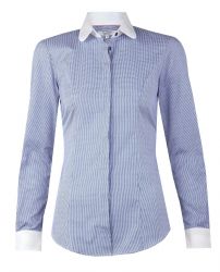 Женская рубашка в мелкую синюю клетку с белым воротником и манжетами хлопок T.M.Lewin приталенная Fitted (52792)