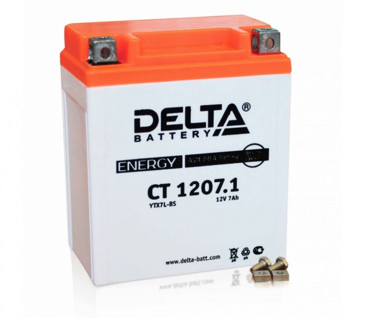 Мото аккумулятор АКБ Delta (Дельта) CT 1207.1 о.п. 7Ач YTX7L-BS