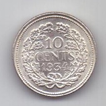 10 центов 1934 г. UNC. редкий год. Нидерланды