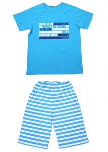 Пижама для мальчика шорты в полоску и голубая футболка с надписями Клевер 761882