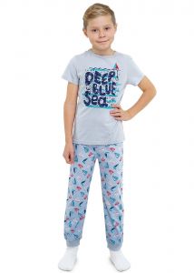 Пижама для мальчика серая с корабликами на штанах и надписями на футболке Клевер 761927