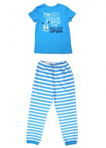 Пижама для мальчика голубая с полосатыми штанами и кофточкой с надписями Клевер 761927