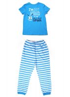 Пижама для мальчика голубая с полосатыми штанами и кофточкой с надписями Клевер 761927
