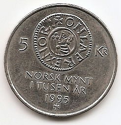 1000 лет чеканке монет Норвегии 5 крон Норвегия 1995