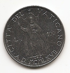 100 лир (Регулярный выпуск) Ватикан 1967 (MCMLXVII)