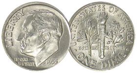 США дайм (10 центов) 1955 СЕРЕБРО UNC яркий штемпельный блеск из ролла