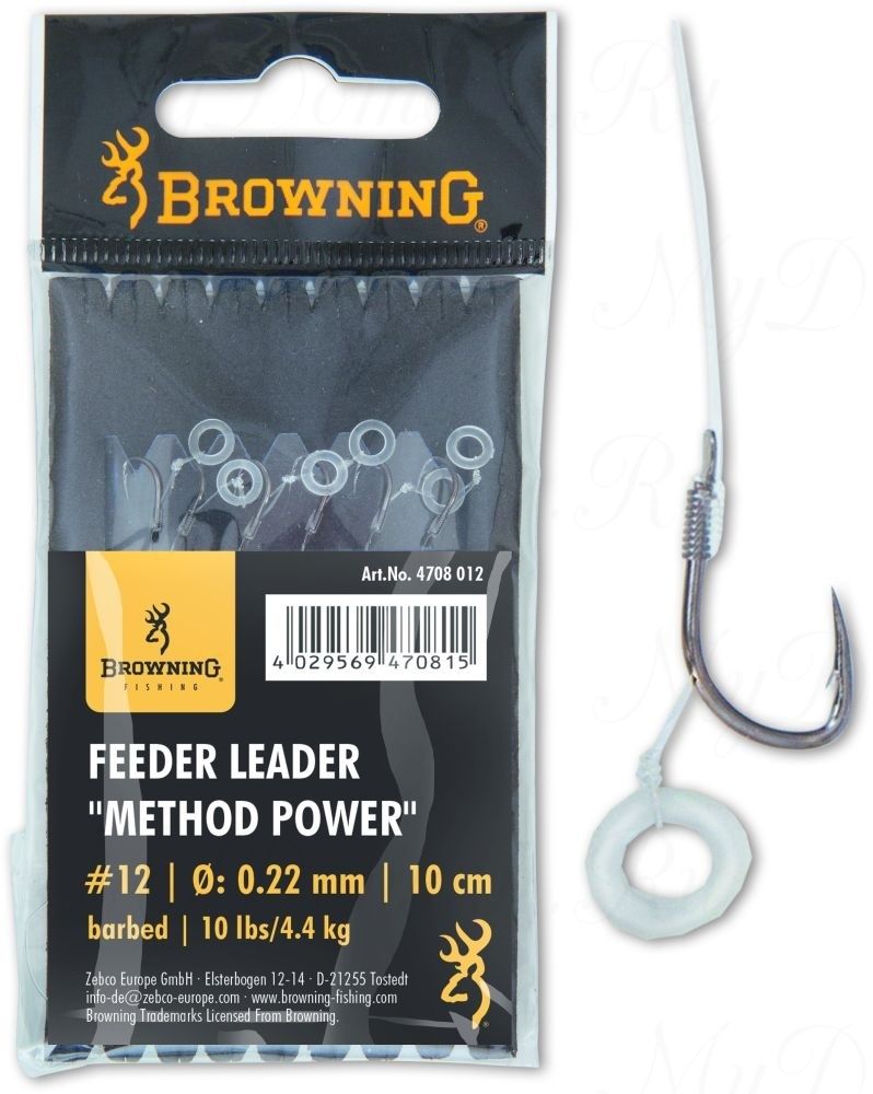 Крючки с поводками Browning Leader Feeder Method Power Pellet с крепежом для пелетса  №12 0,22mm 10cm 6 шт