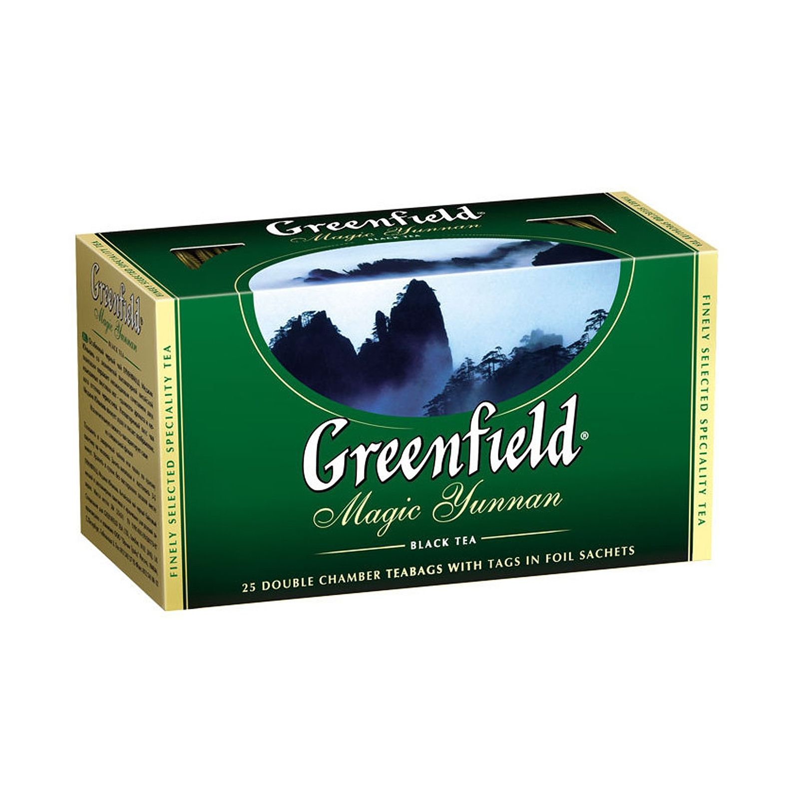 Черный чай в зеленой упаковке. Чай Гринфилд Меджик Юньнань 25 пак. Чай Гринфилд Magic Yunnan. Гринфилд Мэджик Юнань 25 пак. Чай Гринфилд с черносливом.