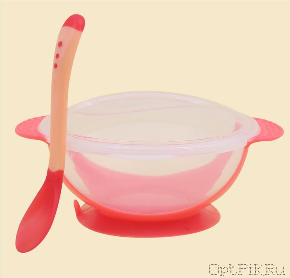 Детская тарелка с термоиндикаторной ложкой на присоске. Розовый цвет