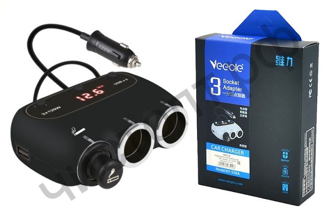 Разветвитель прикуривателя VEECLE KY-558A (3 гнезда+2*USB) вольтметр