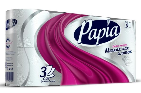 Туалетная бумага PAPIA 3-х слойная Белая 8шт фн