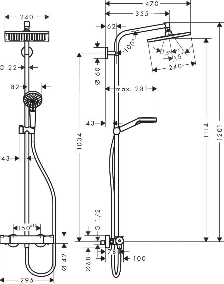 Душевая система Hansgrohe Crometta E Showerpipe 240 1jet 27271000 схема 3