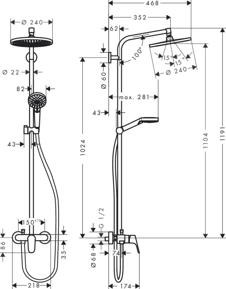 Душевая система с тропическим душем Hansgrohe Crometta S Showerpipe 240 1jet 27269000 схема 1