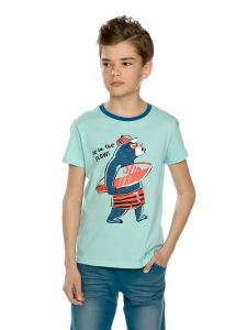 BFT4122/1 Лазурная футболка для мальчика на лето с медведем на груди Pelican