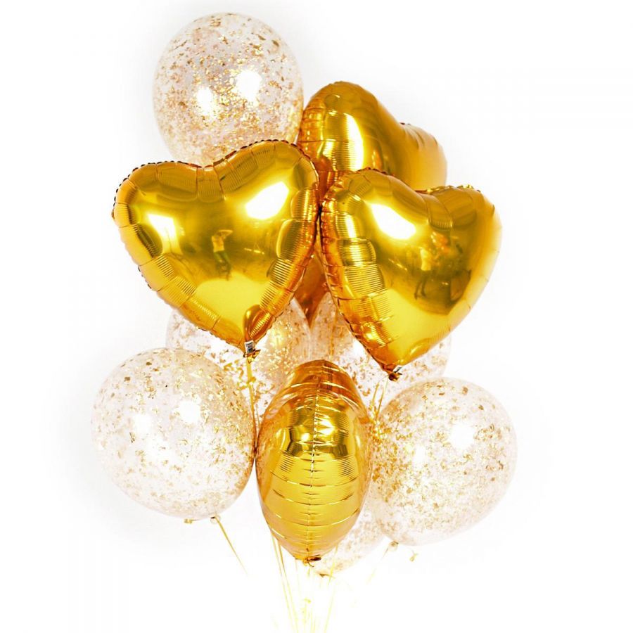 Композиция золотых сердец и прозрачных шаров с золотыми блёстками