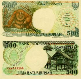 Индонезия 500 рупий 1992г. Орангутан. Хижина на Восточном Калимантане UNC