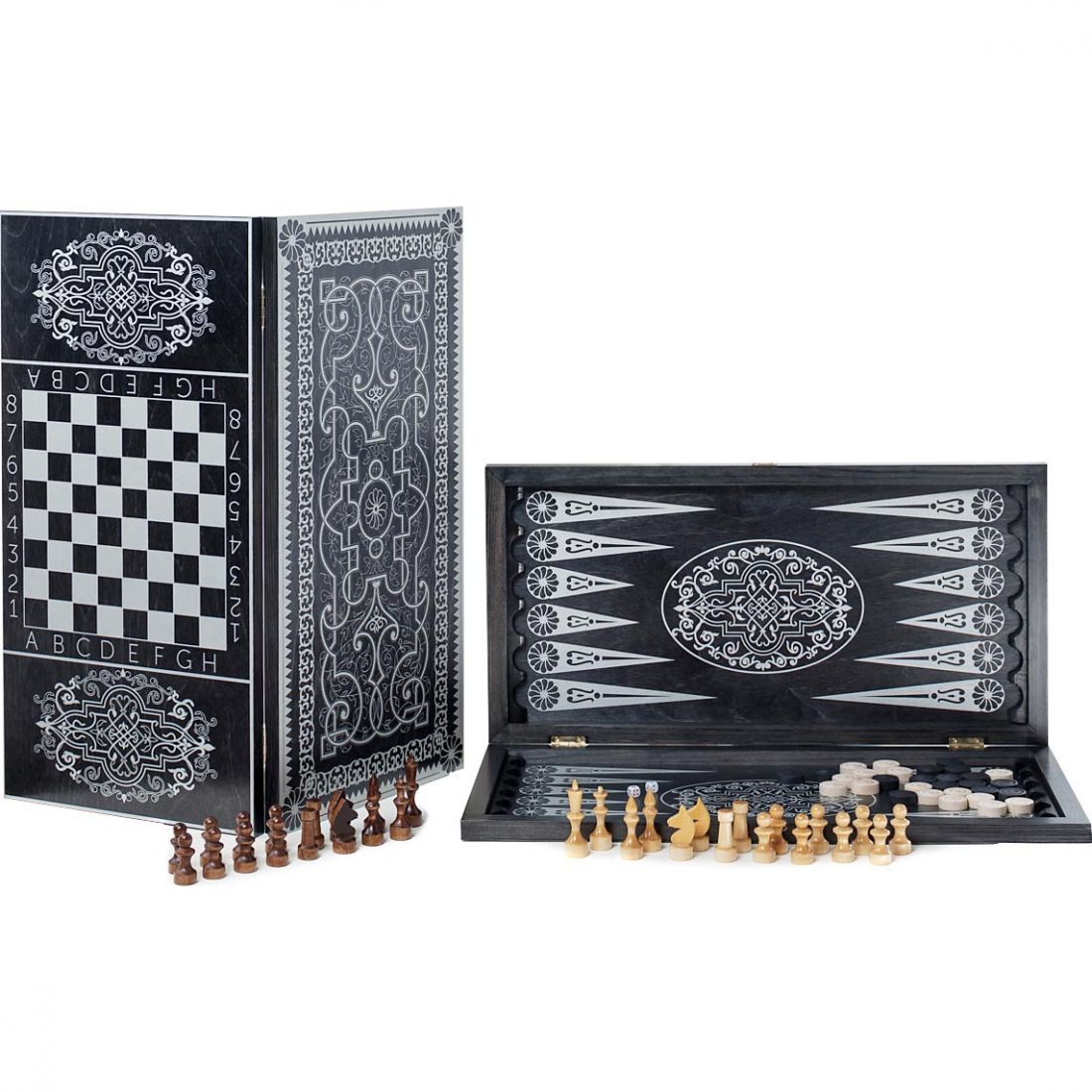 Набор 3 в 1 деревянный Орнамент 256-18 (шахматы, шашки, нарды) 60х60см