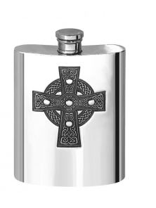 Фляжка из британского пьютера прямоугольная- Кельтский Крест, Celtic Cross 6oz Pewter Hip Flask.