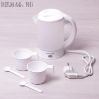 Чайник 0.6л электрический пластиковый, белый-матовый c чашками и ложками дорожный Kamille