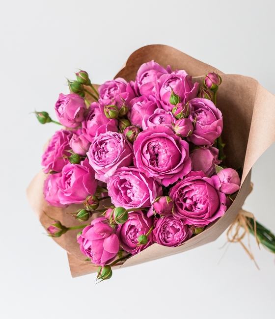 5 кустовых пионовидных малиновых роз в упаковке