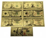 Набор 7 шт доллары банкноты (сувенирные) комплект 1 2 5 10 20 50 100 US золотые банкноты