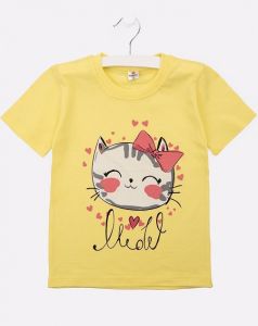 Желтая футболка для девочки с кошечкой