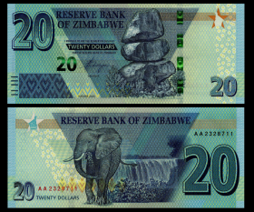 ЗИМБАБВЕ - 20 долларов 2020. ПРЕСС UNC
