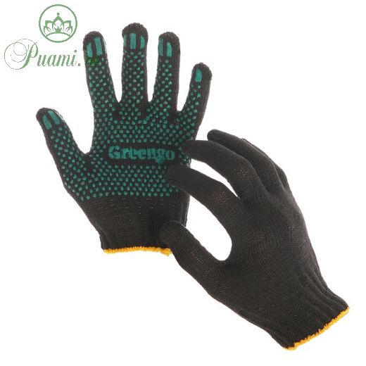 Перчатки, х/б, вязка 7 класс, 4 нити, размер 9, с ПВХ точками, чёрные, Greengo