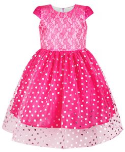 81034-ДН18 Розовое платье для девочки на праздник с гипюром и пышной юбкой Радуга дети