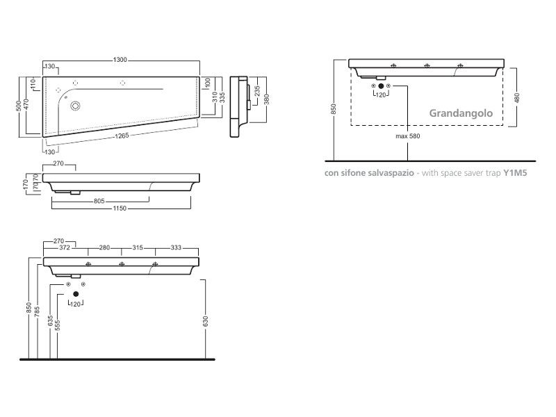 Подвесная/мебельная накладная раковина Hatria Grandangolo 130 T 130х50 схема 3