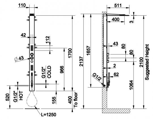 Панель для душа с термостатом Gessi 39821 схема 1