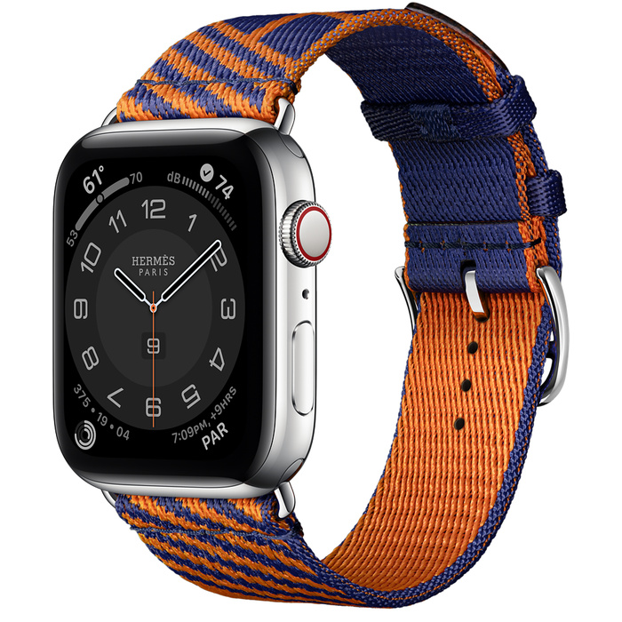 Часы Apple Watch Hermès Series 6 GPS + Cellular 44mm Silver Stainless Steel Case with Bleu Saphir/Orange Jumping Single Tour