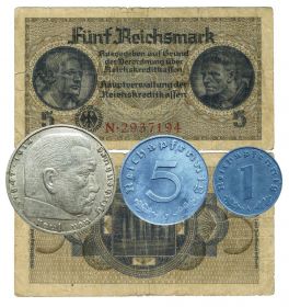 Набор 3 рейх Германия - банкнота + монеты (серебро)