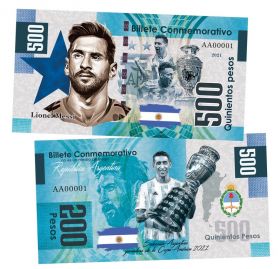 500 pesos (песо) — Сборная Аргентина победитель Кубка Америки 2021. Аргентина. (Copa America2021). Памятная банкнота. UNC Oz ЯМ