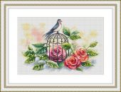 "Swallow and Roses". Digital cross stitch pattern.