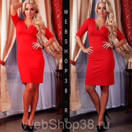 Красное платье с V-образным вырезом и рукавом до локтя