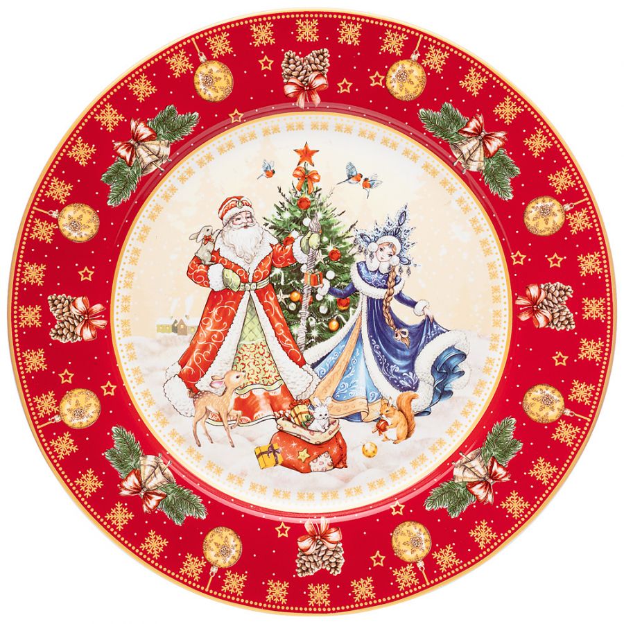 Тарелка обеденная "Дед мороз и снегурочка" 26см красная